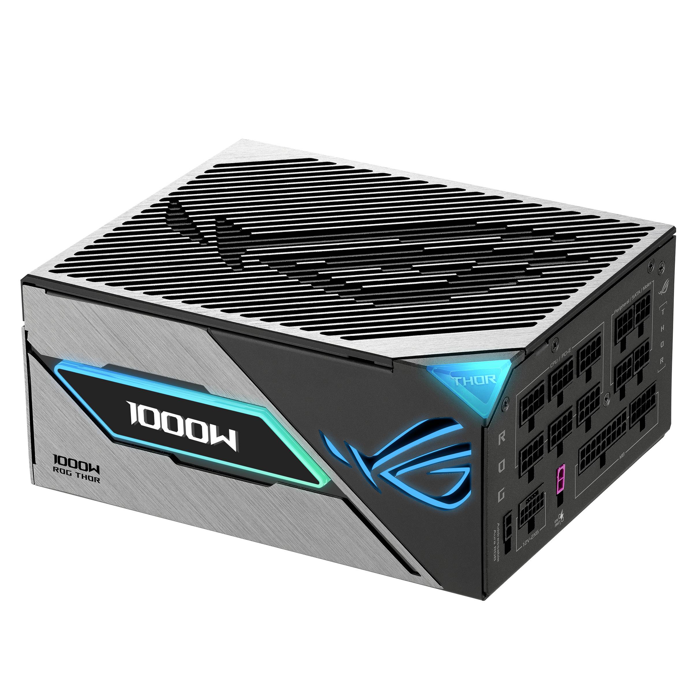 Unité d'alimentation électrique pour ordinateur ROG Thor de 1000W avec boîtier noir et argenté, éclairage cyan et plusieurs ports de câble sur le côté.