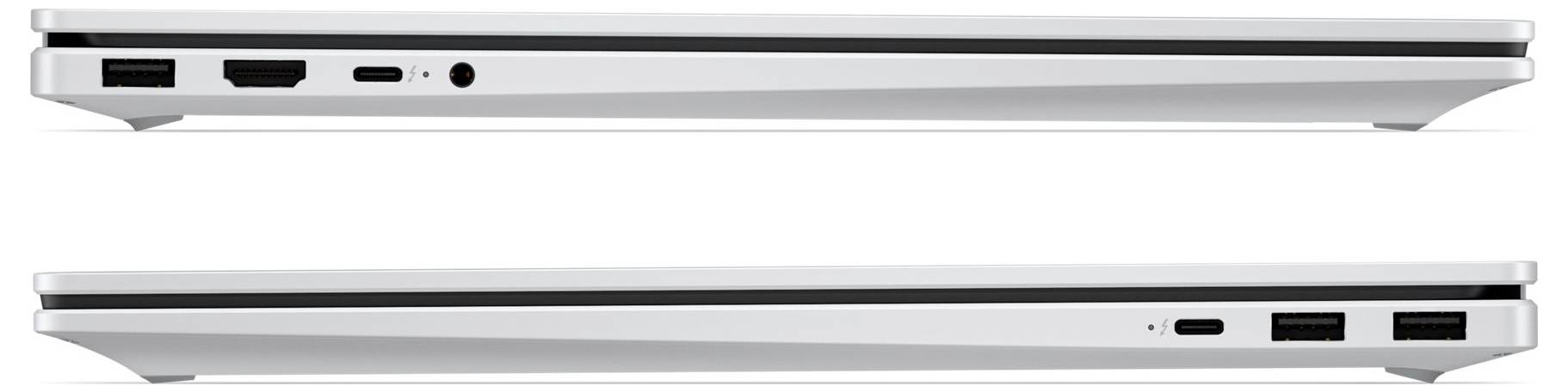 Les vues latérales d'un ordinateur portable argenté montrent le côté gauche avec les ports d'alimentation, USB-C et audio, et le côté droit avec deux ports USB-A et un port USB-C.