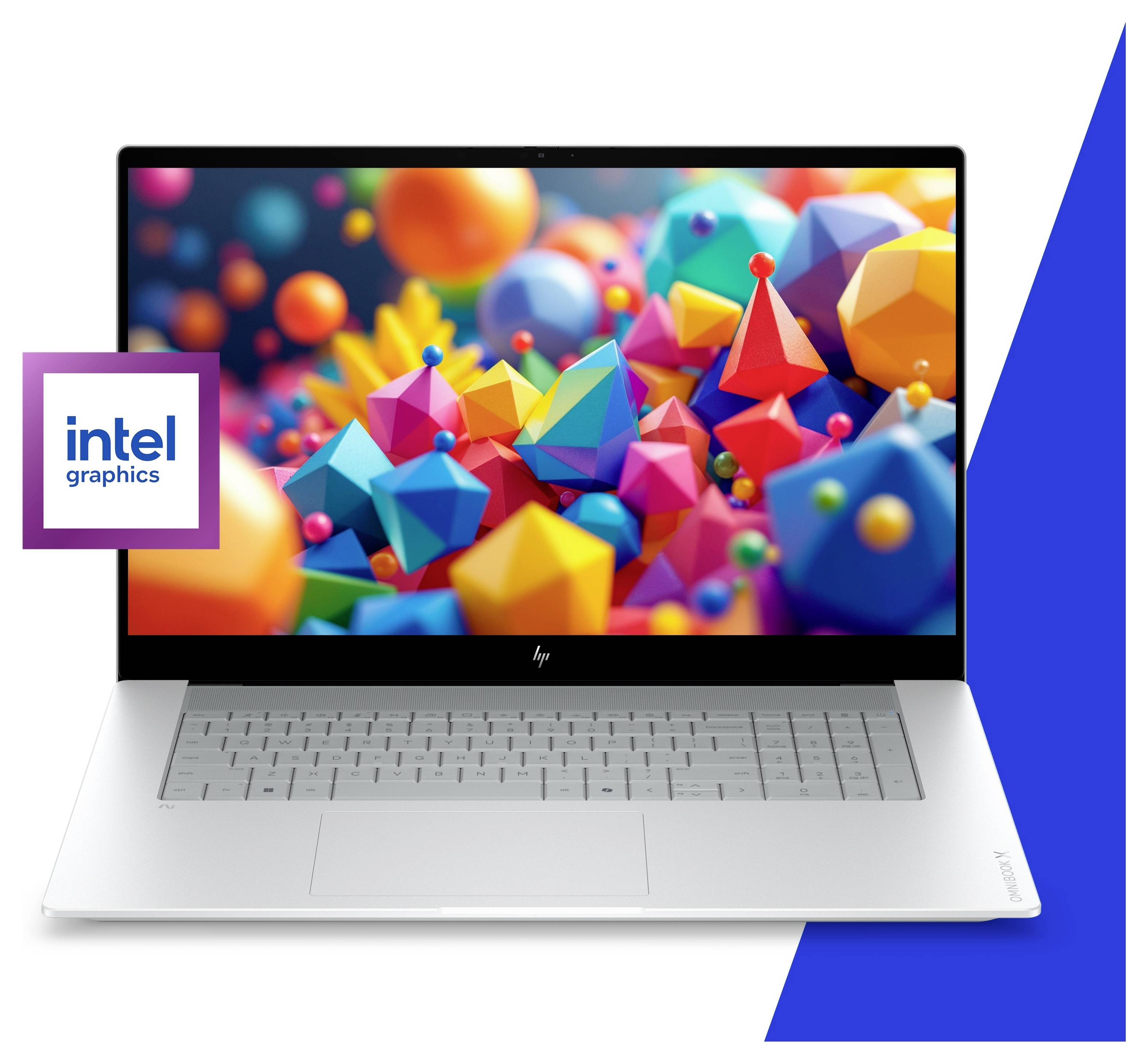 Un ordinateur portable HP argenté affichant des formes abstraites 3D colorées, avec un badge « Intel Graphics » sur la gauche et un accent diagonal bleu sur la droite.