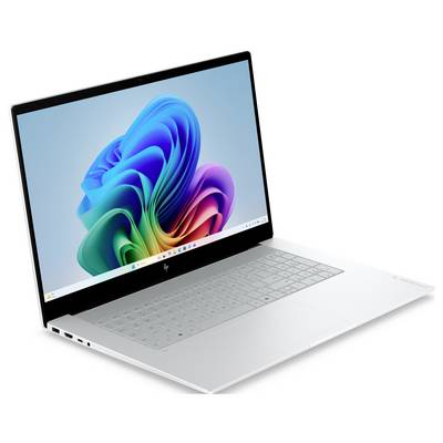 Ordinateur portable HP argenté ouvert en angle sur un fond blanc, affichant un fond d'écran Windows 11 coloré sur l'écran.