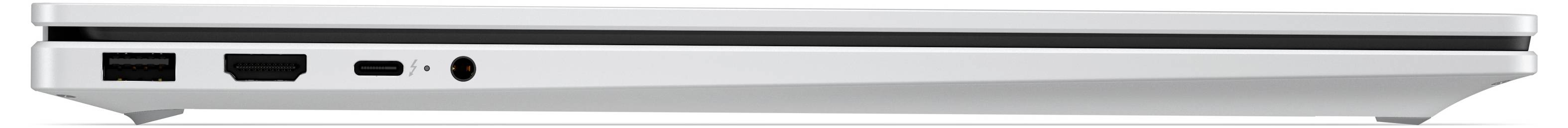 Vue latérale d'un mince ordinateur portable argenté montrant son bord avec des ports, un voyant lumineux et une bande noire centrée.