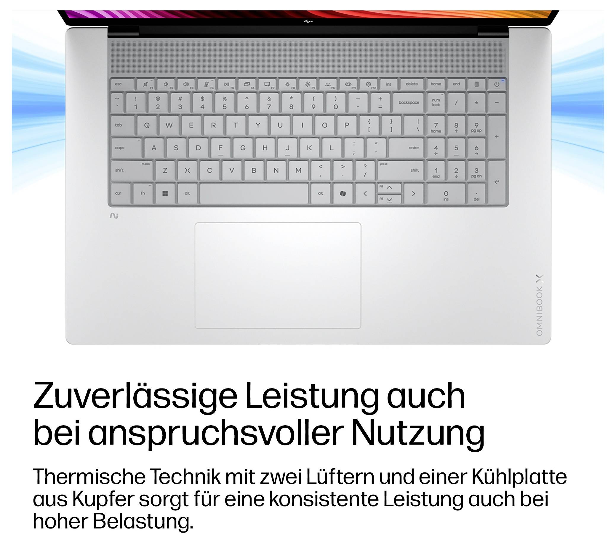 Annonce allemande présentant un ordinateur portable avec clavier et pavé tactile, promouvant « Des performances fiables même en cas d'utilisation exigeante » et un refroidissement avec deux ventilateurs et une plaque thermique en cuivre.