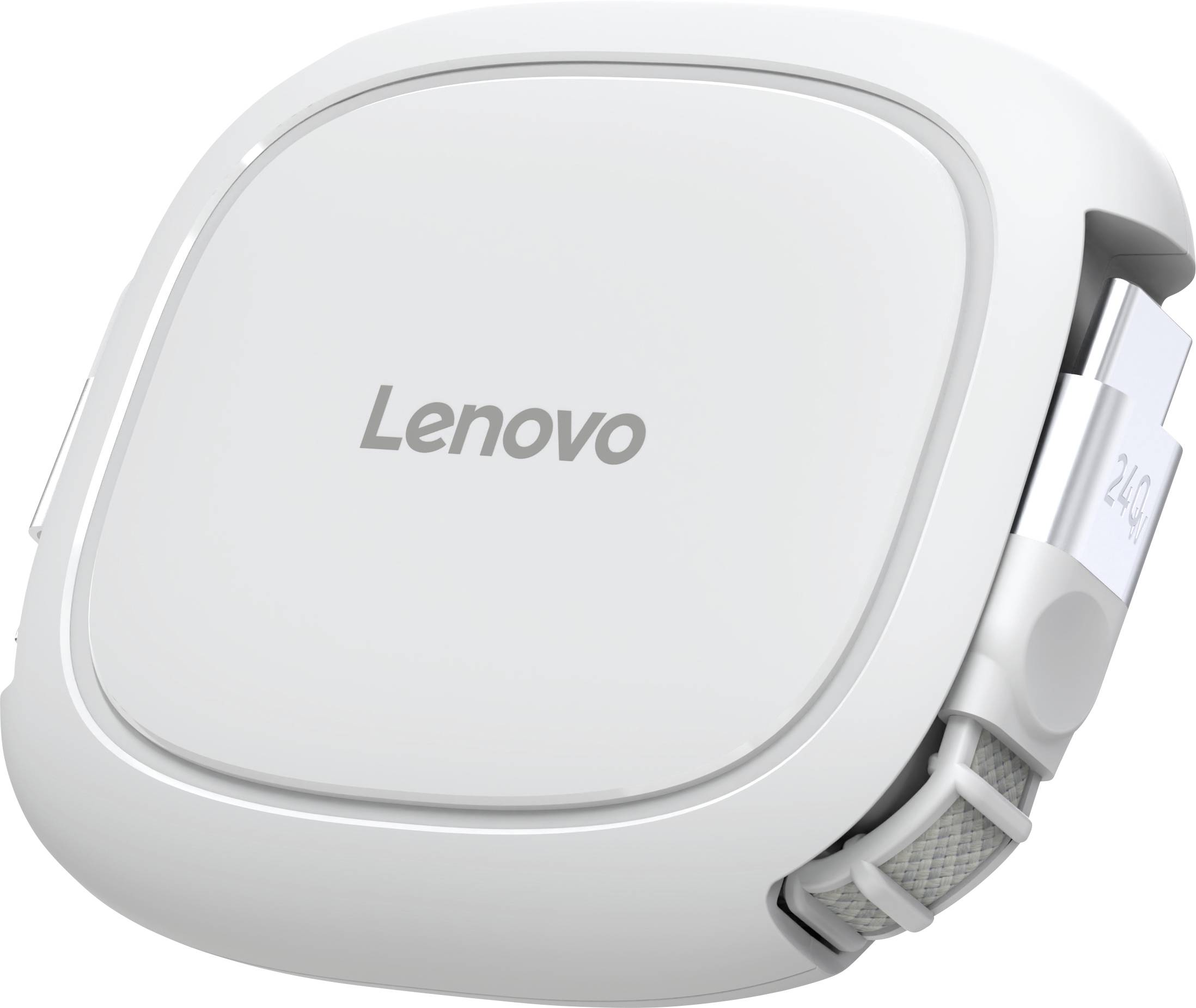 Gros plan d'un appareil Lenovo blanc avec un logo « Lenovo » central et un détail de sangle/connecteur latéral.