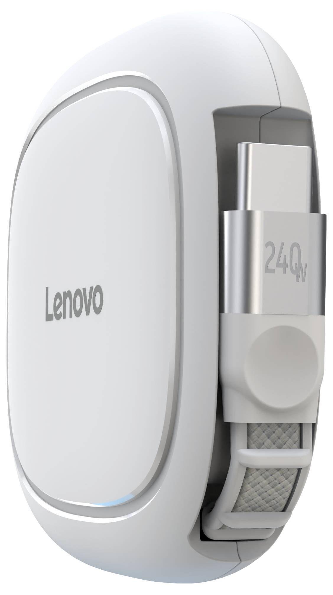 Adaptateur secteur ou chargeur Lenovo 240W blanc avec câble intégré, présenté dans un boîtier compact de forme arrondie.