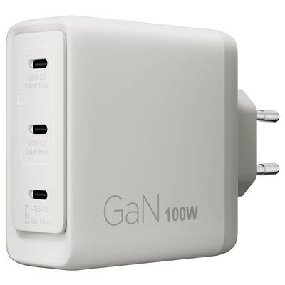 Chargeur mural White GaN 100W avec trois ports USB-C et broches de prise EU repliables.