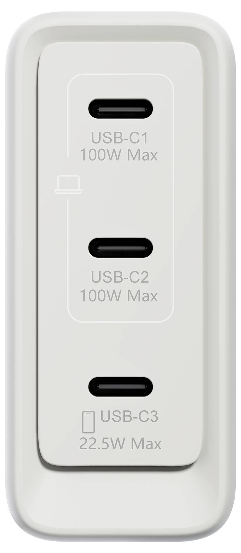 Gros plan d'un panneau de dispositif blanc avec trois ports USB-C étiquetés « USB-C1 100W Max », « USB-C2 100W Max » et « USB-C3 22,5W Max ».