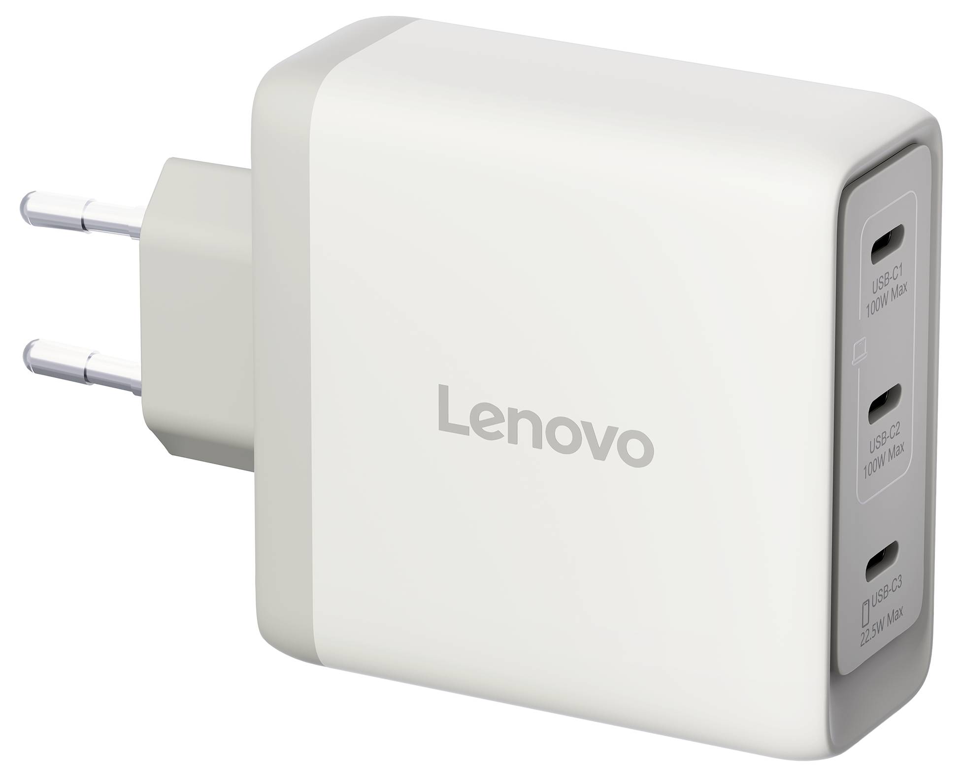Chargeur mural Lenovo blanc avec deux broches de prise européenne et plusieurs ports de charge USB-C/USB-A sur le côté.