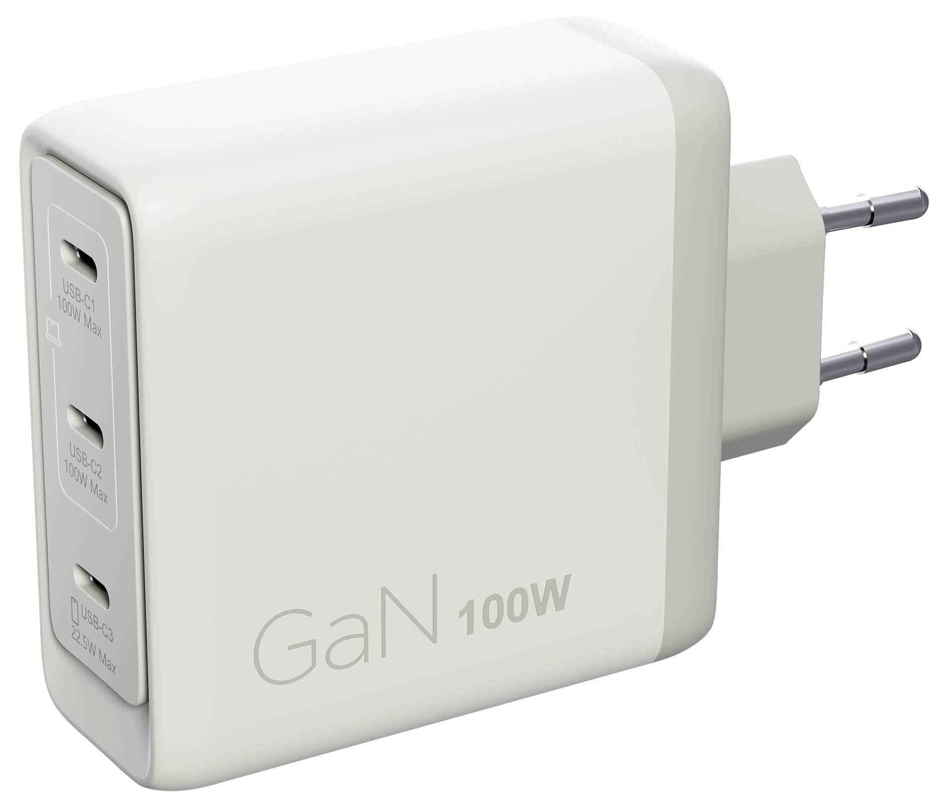 Chargeur mural blanc GaN 100W avec trois ports USB-C et prise européenne à deux broches, présenté dans une vue de style produit.