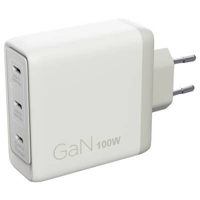 Chargeur mural blanc GaN 100W avec trois ports USB-C et prise européenne à deux broches, présenté dans une vue de style produit.