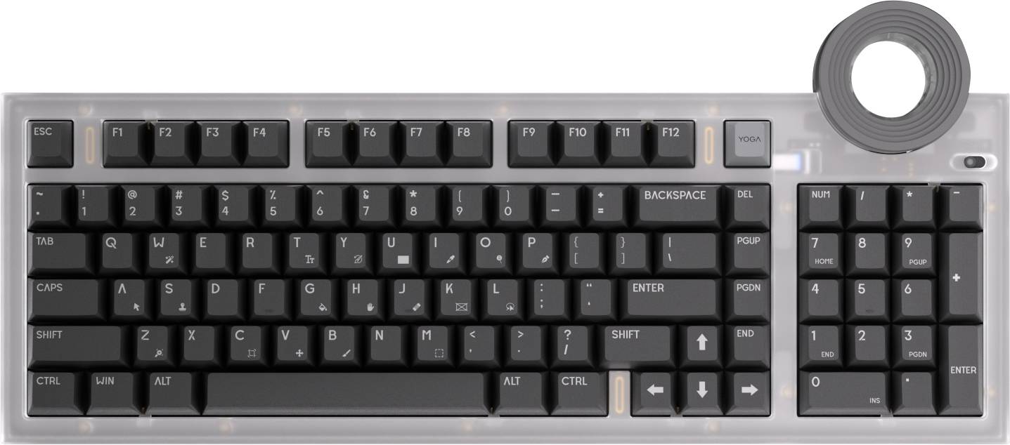 Clavier mécanique noir compact avec disposition de taille normale, pavé numérique et molette de volume ronde en haut à droite.