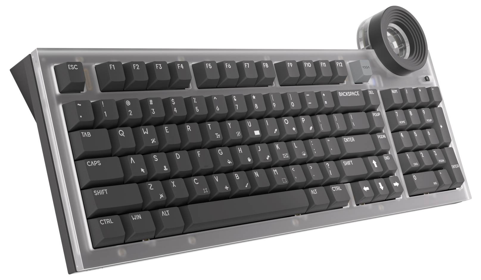 Clavier mécanique compact avec un cadran de contrôle rond en haut à droite, présenté à un angle sur un fond blanc.