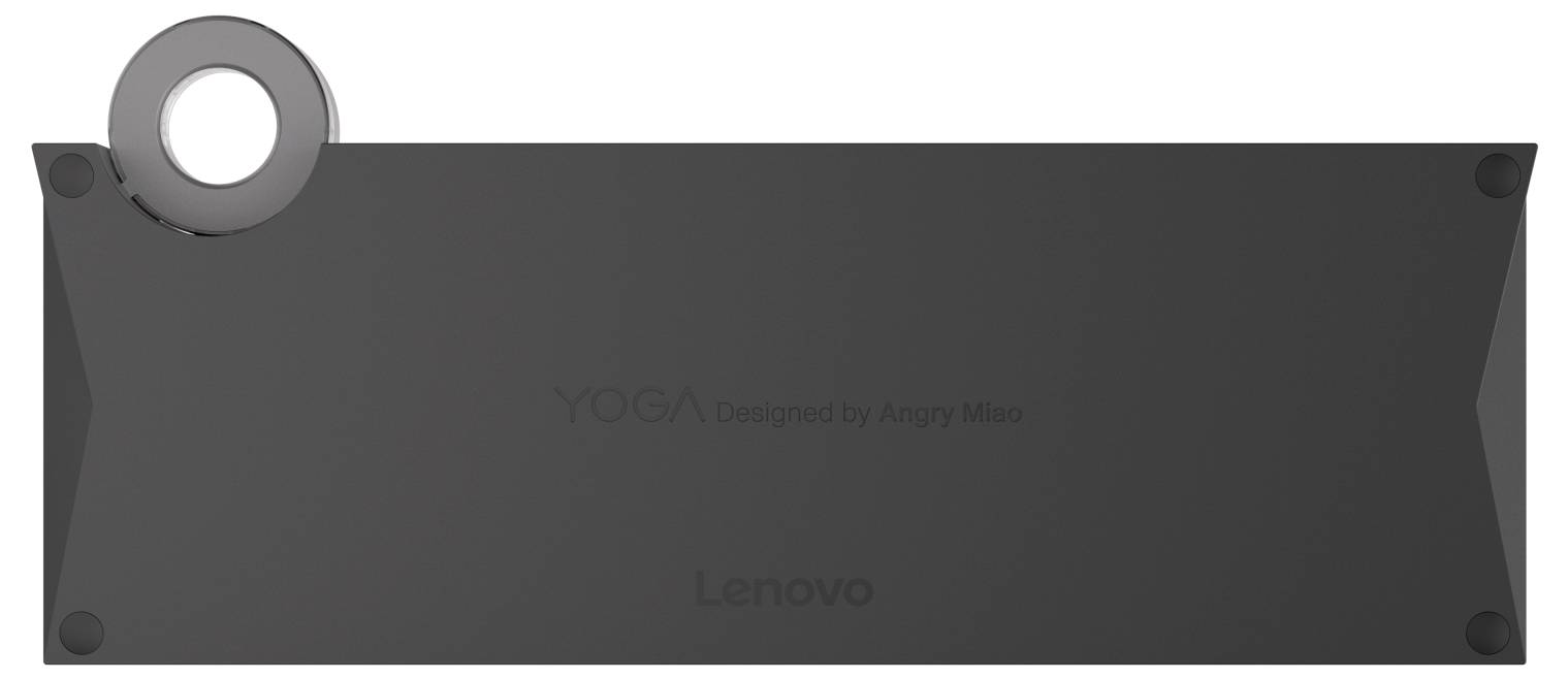 Gros plan de l'arrière d'un ordinateur portable Lenovo Yoga, montrant un panneau gris foncé avec détail de charnière circulaire et logo Lenovo.