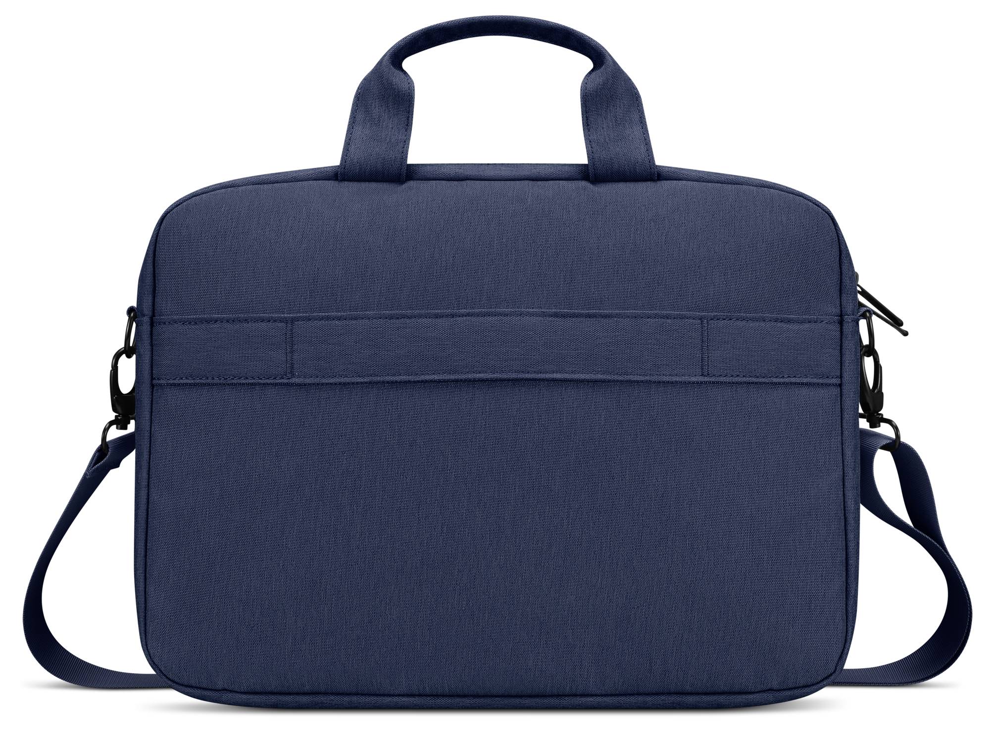 Sac à dos pour ordinateur portable bleu marine avec poignées supérieures, poche avant avec fermeture éclair et bandoulière amovible sur fond blanc.