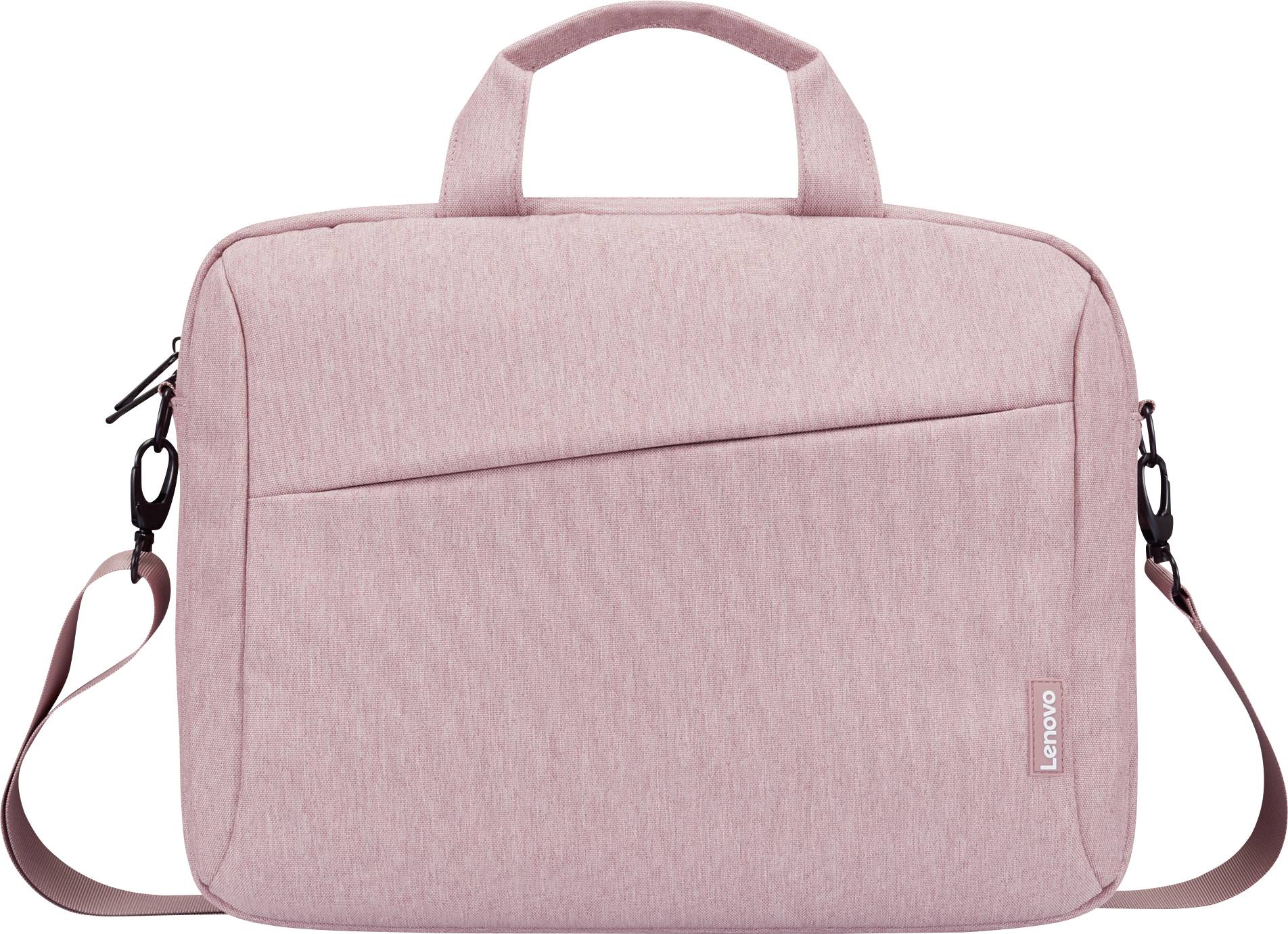 Sac à bandoulière pour ordinateur portable en tissu rose avec poignée supérieure et sangle ajustable, présenté sur un fond blanc.