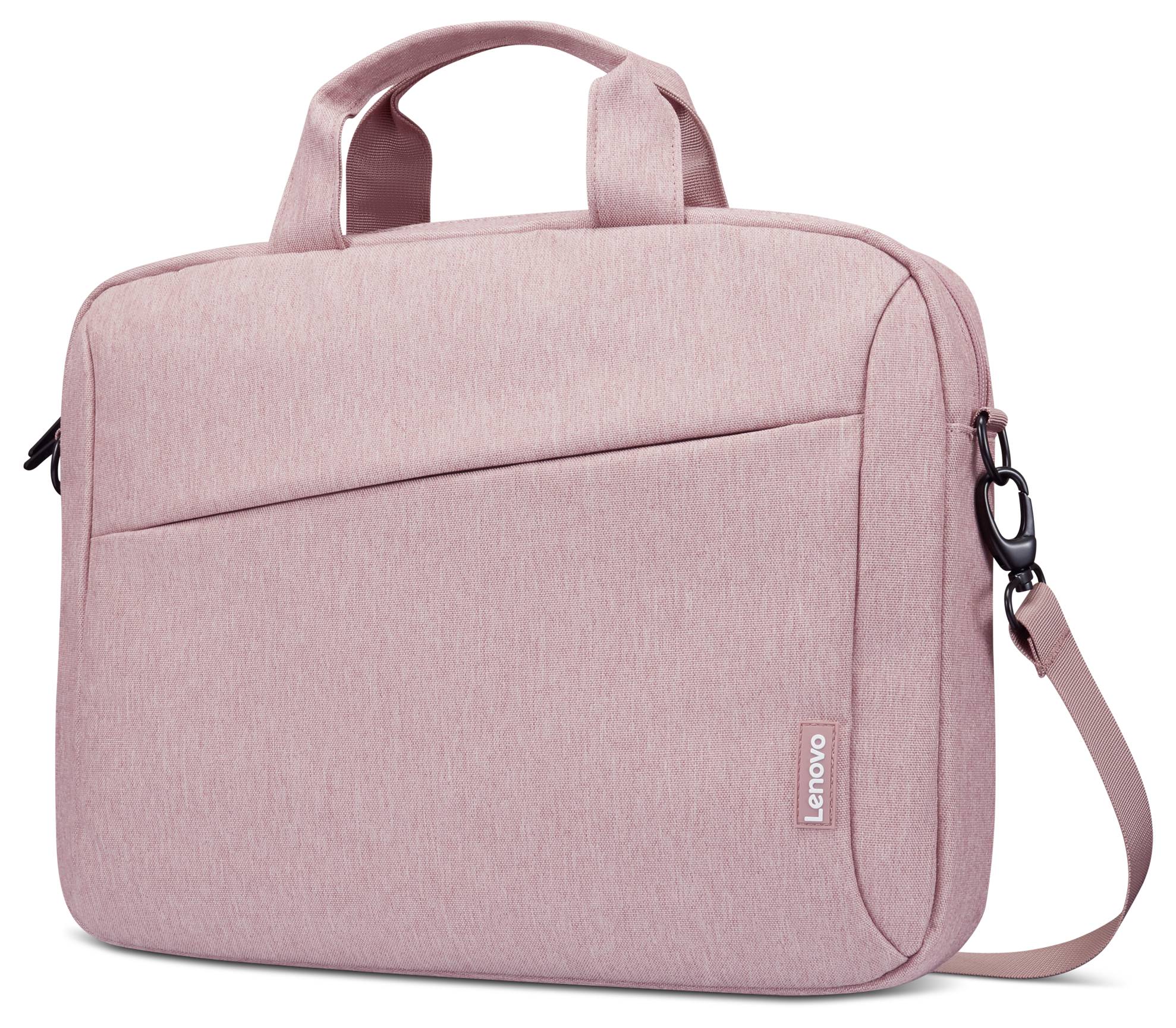 Serviette pour ordinateur portable Lenovo rose avec poignées et sangle d'épaule, présentée sur un fond blanc.