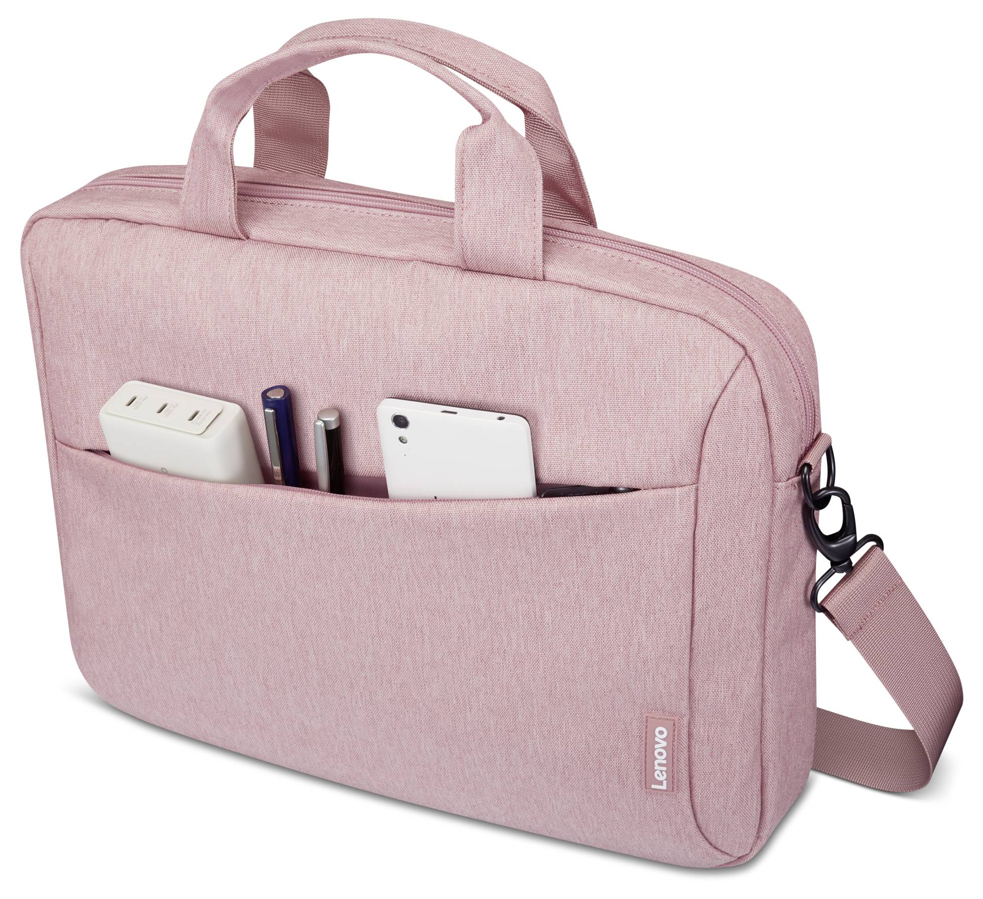 Sac à dos rose pour ordinateur portable Lenovo avec poignées, sangle d'épaule et poche avant contenant une multiprise, des stylos et un smartphone.