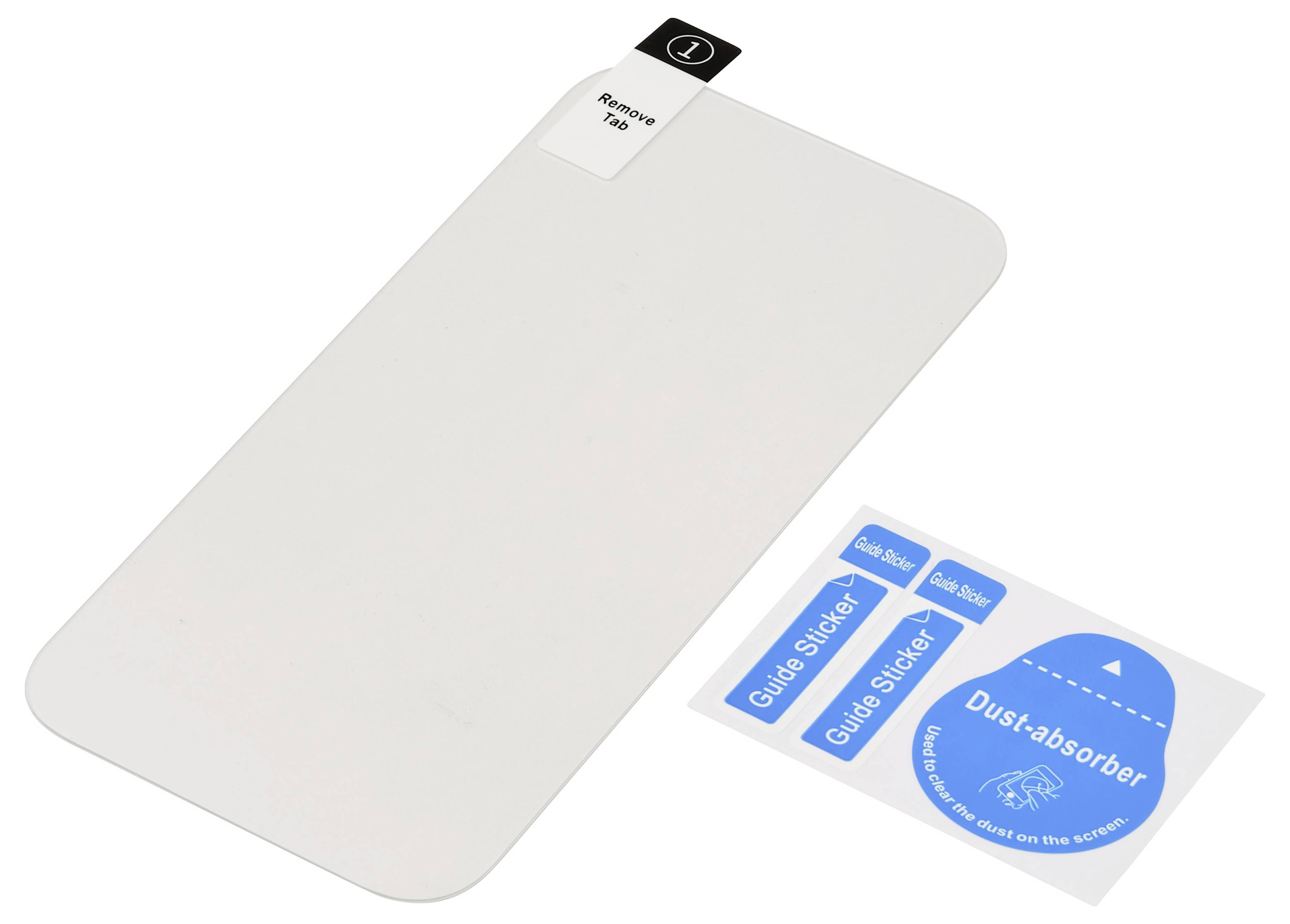 Protecteur d'écran en verre trempé avec languette d'alignement, plus absorbeur de poussière et outils de guide adhésif pour l'installation.