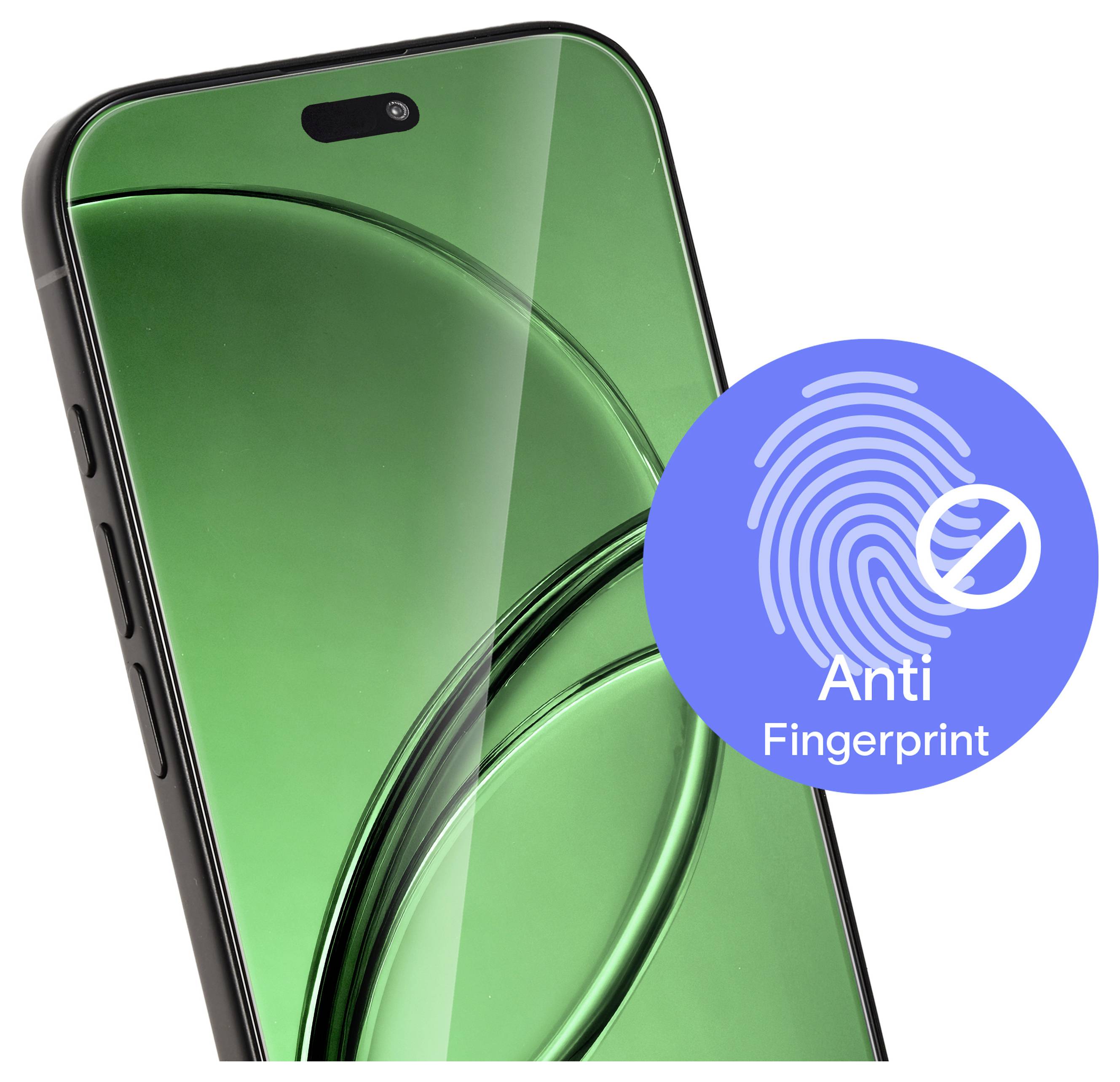 Smartphone vert avec un écran brillant montré à côté d'une icône « Anti-Empreintes », indiquant une protection d'affichage résistante aux traces de doigts.
