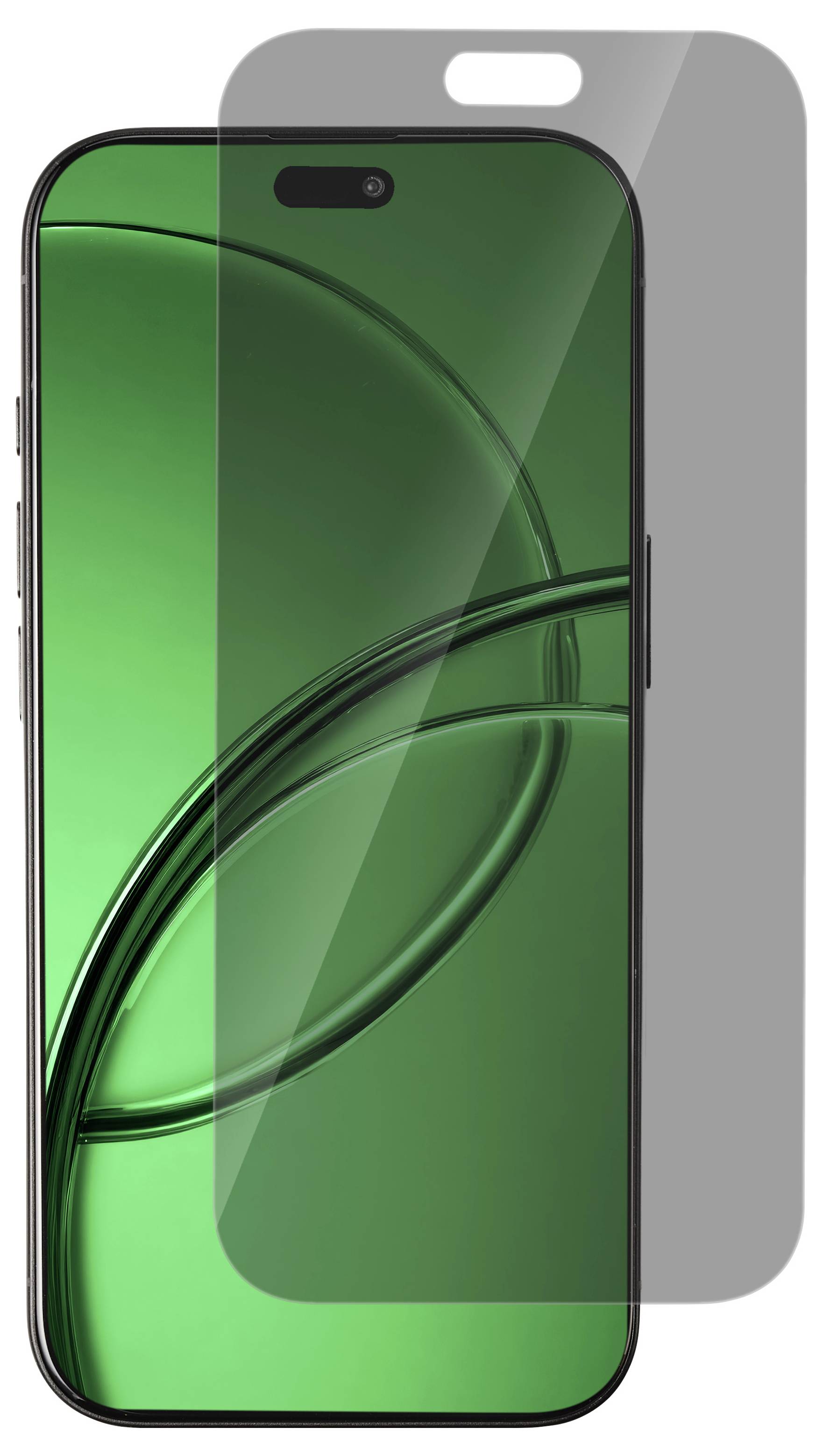 Protecteur d'écran pour smartphone présenté sur un affichage de téléphone vert, avec un guide d'alignement gris et une découpe pour l'appareil photo indiquant l'ajustement.