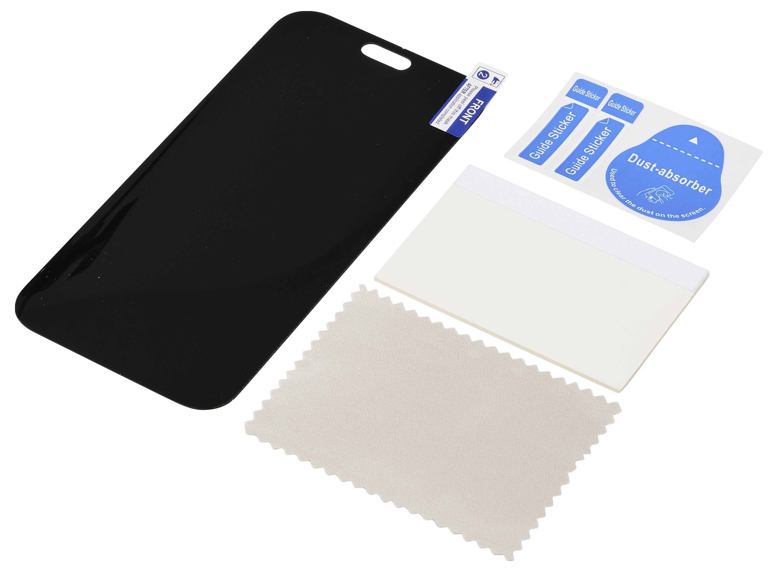 Kit de protection d'écran avec un protecteur d'écran de téléphone noir, une feuille d'autocollant absorbant la poussière, une carte de guide blanche et un chiffon de nettoyage sur un fond blanc.