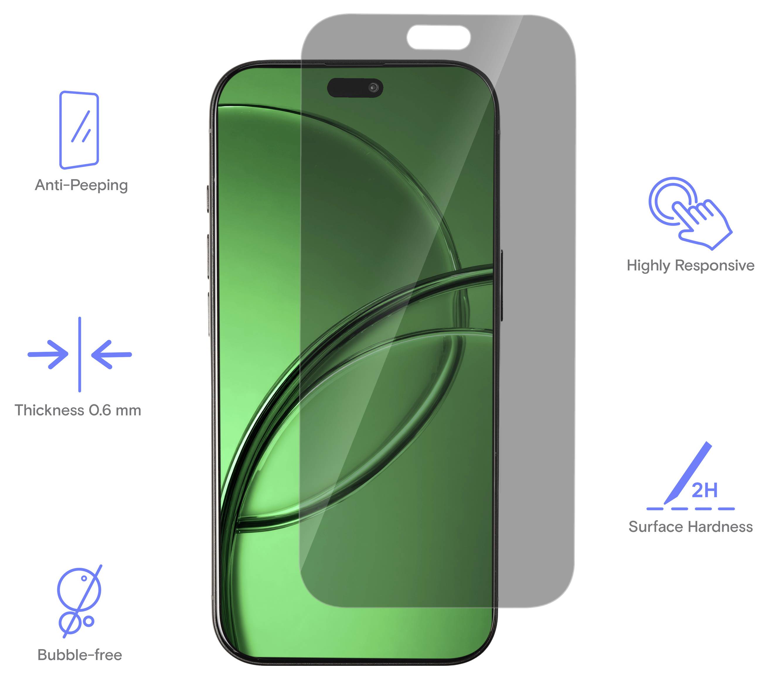 Protecteur d'écran pour smartphone affiché sur un téléphone, mettant en évidence l'anti-espionnage, une épaisseur de 0,6 mm, une installation sans bulles, une réactivité élevée et une dureté de surface 2H.