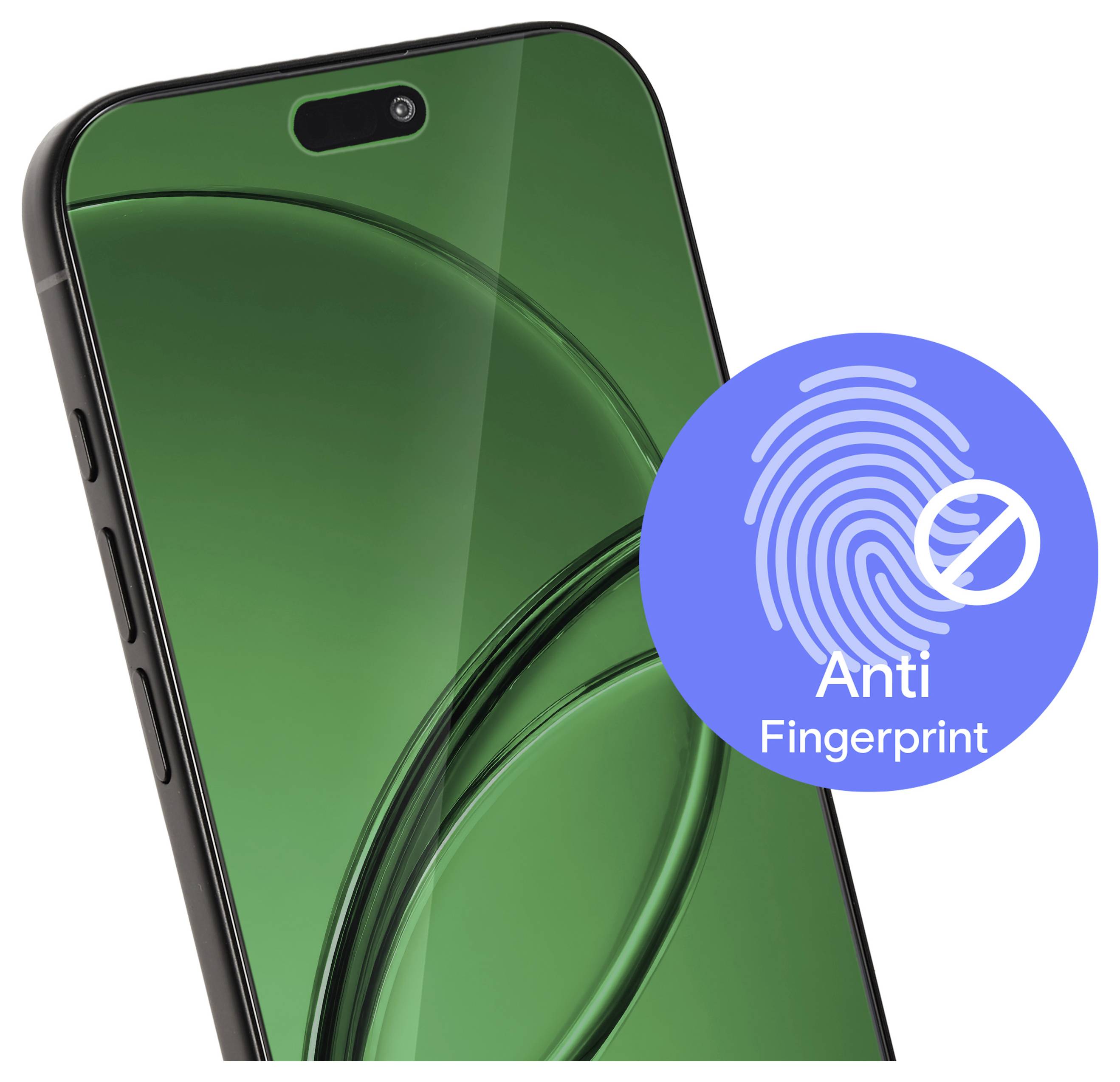 Écran de smartphone vert avec un badge « Antitrace de doigt », indiquant un revêtement d'écran résistant aux traces de doigt.