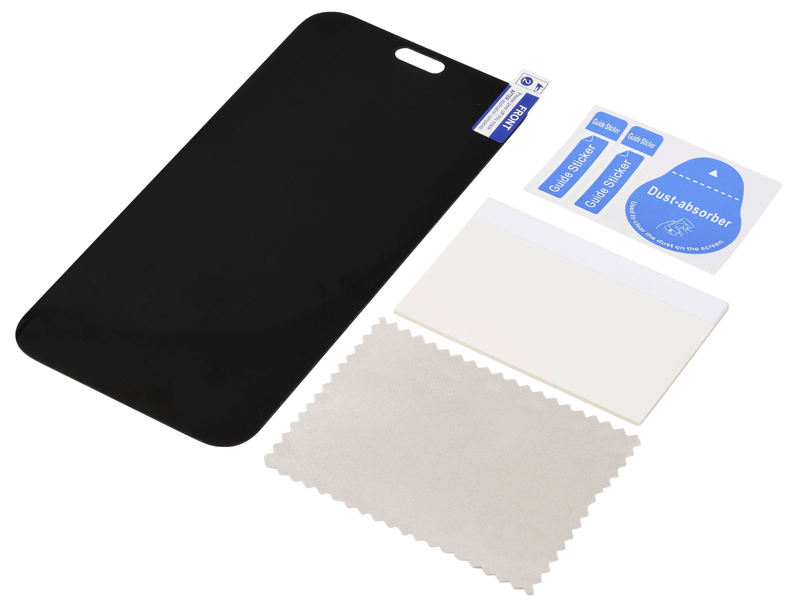 Kit de protecteur d'écran pour téléphone noir avec carte applicatrice, autocollants absorbants la poussière et chiffon de nettoyage sur fond blanc