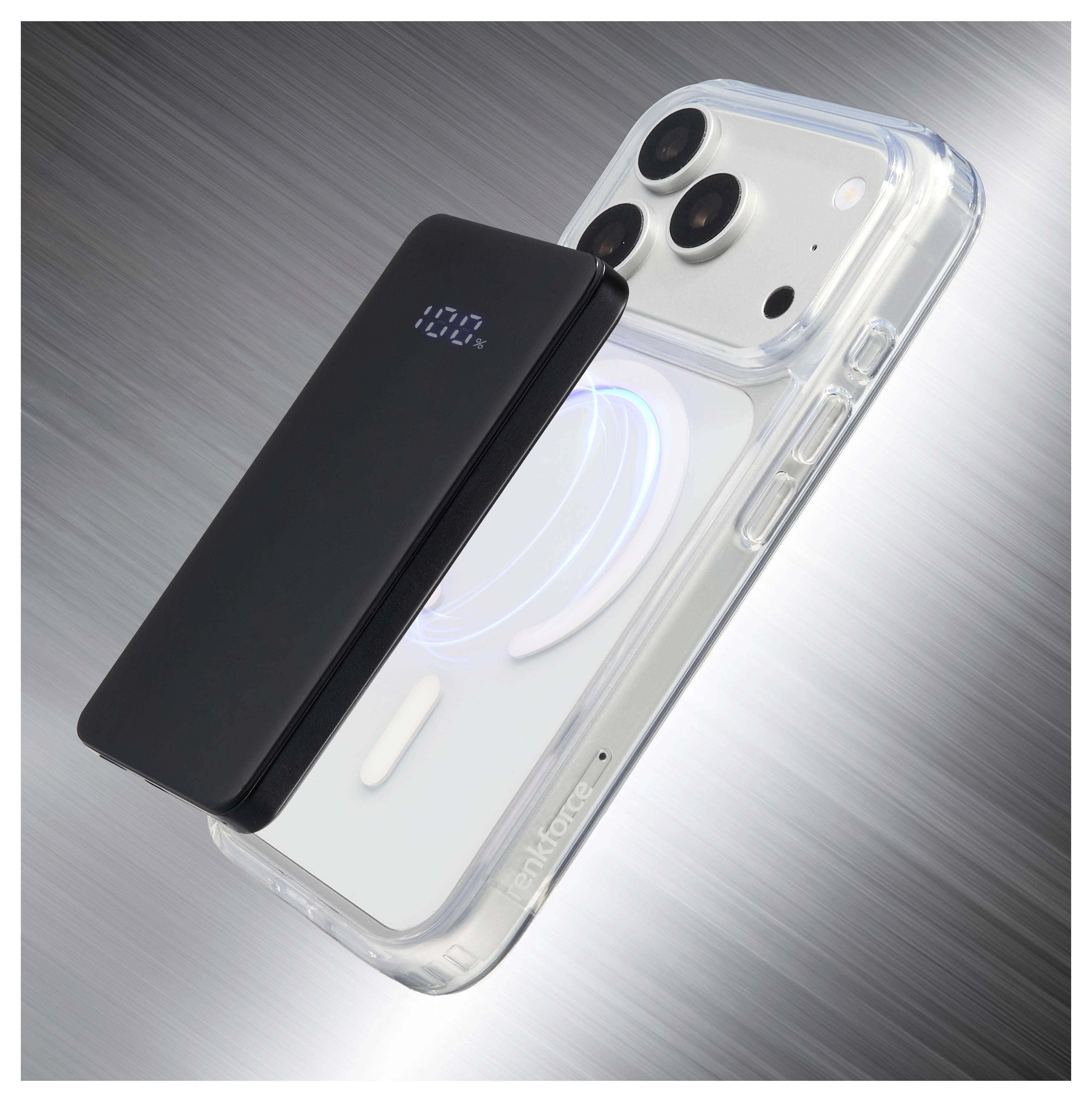 Batterie externe magnétique noire attachée à l'arrière d'un iPhone blanc dans une coque transparente, affichant la recharge sans fil en cours.