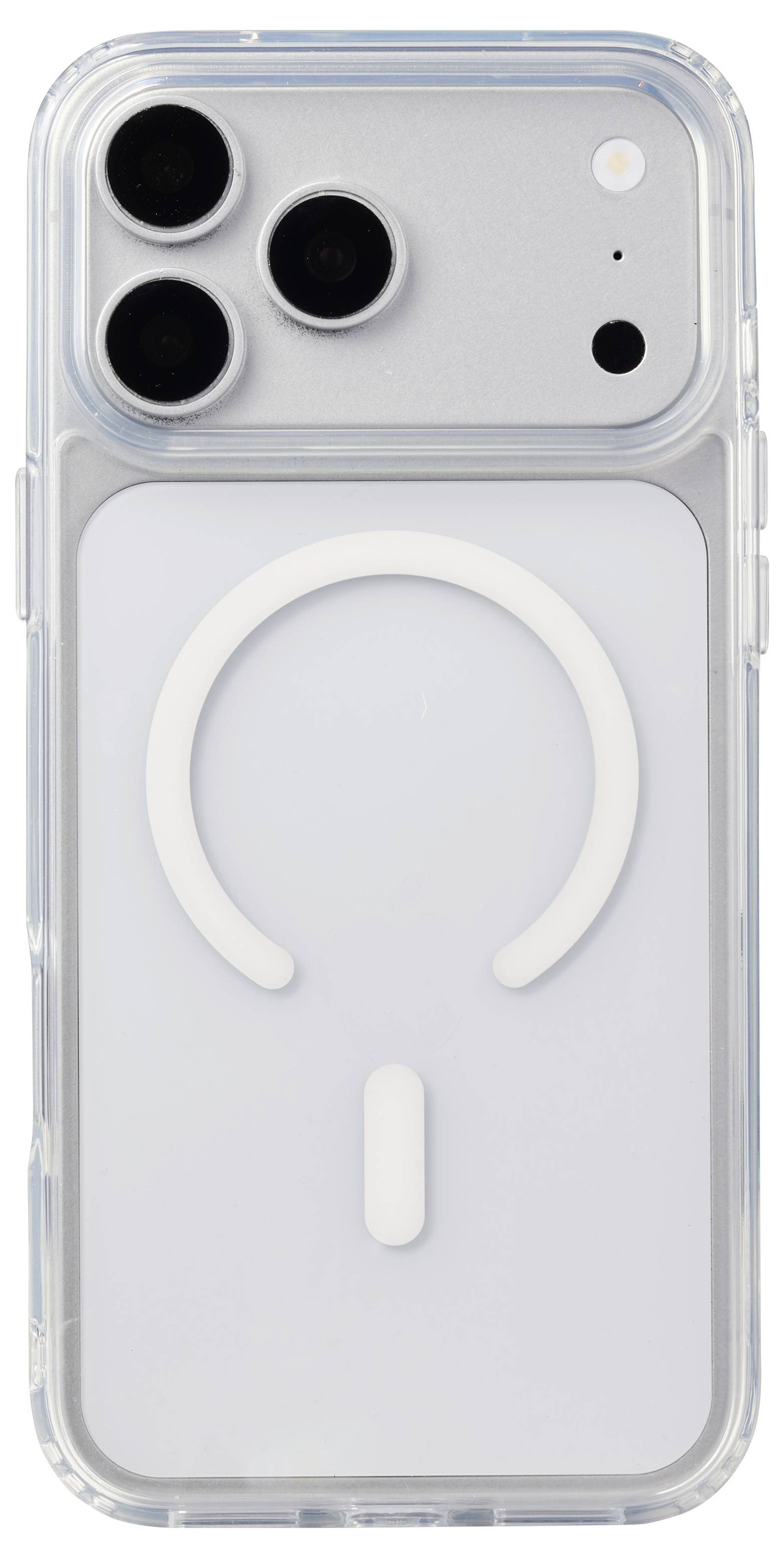 Coque de téléphone transparente avec un anneau de style MagSafe blanc et une marque d'alignement, présentée sur l'arrière d'un smartphone avec trois caméras.