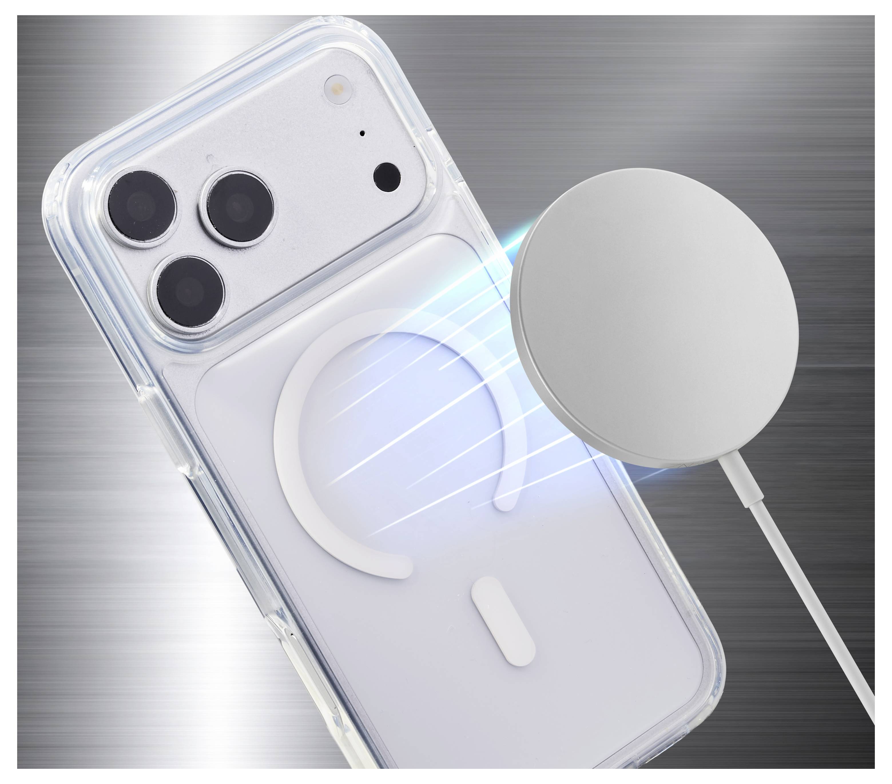 Smartphone dans un étui transparent se chargeant sans fil sur un socle de charge magnétique avec des faisceaux lumineux bleus, indiquant le transfert de puissance sans fil.
