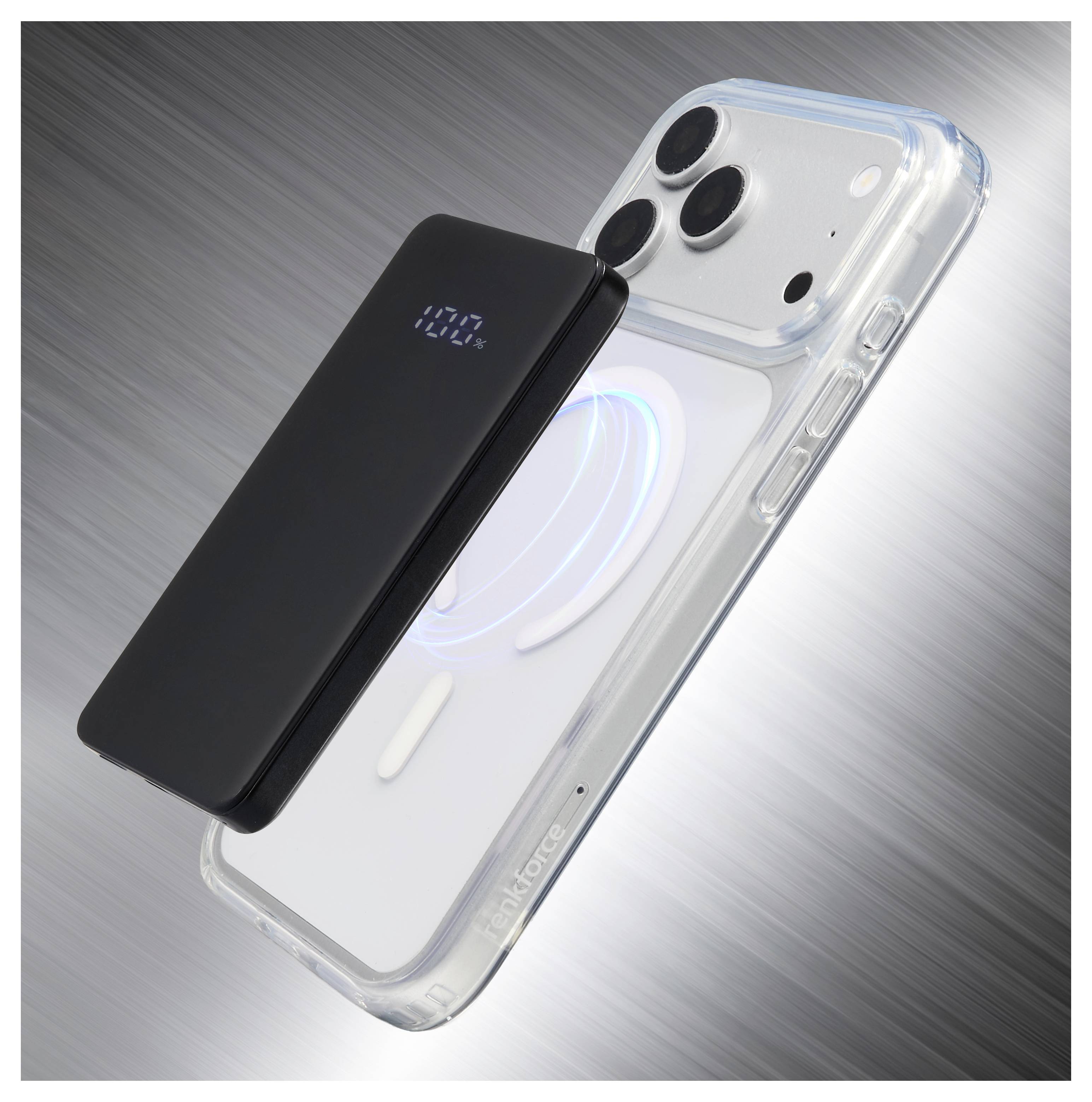 Batterie externe sans fil magnétiquement attachée à l'arrière d'un iPhone dans une coque transparente, montrant un anneau de charge illuminé.
