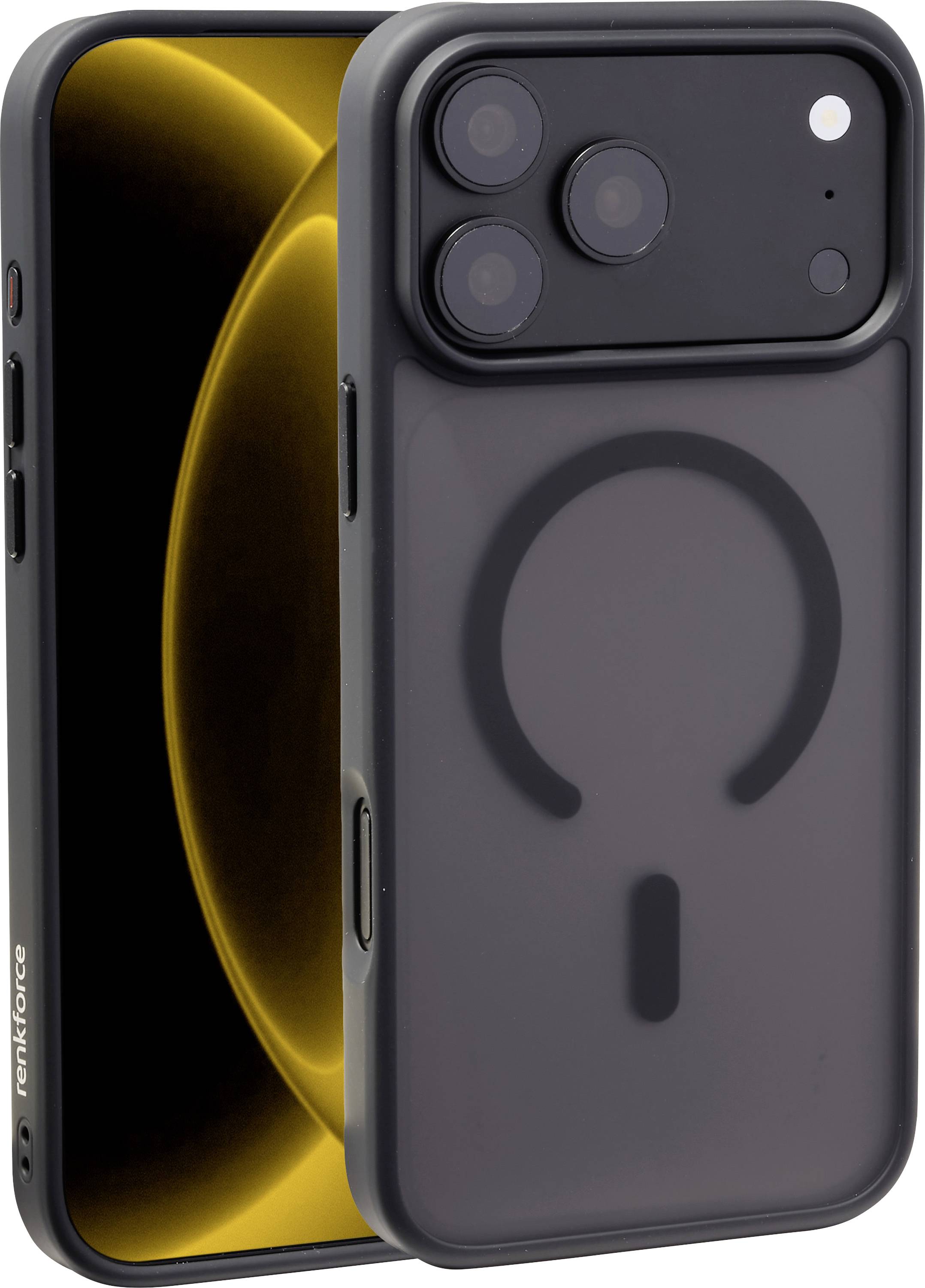 Deux smartphones présentés de face et de dos, avec un boîtier noir présentant un grand logo de style MagSafe circulaire et trois caméras arrière.