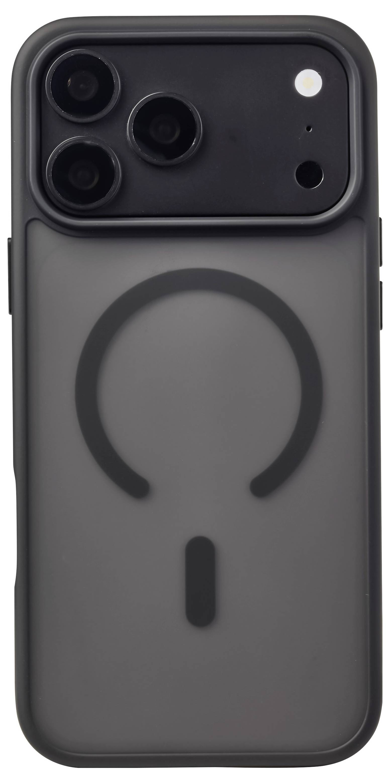 Étui de smartphone noir avec un grand anneau de style MagSafe circulaire et trois découpes pour caméra arrière.