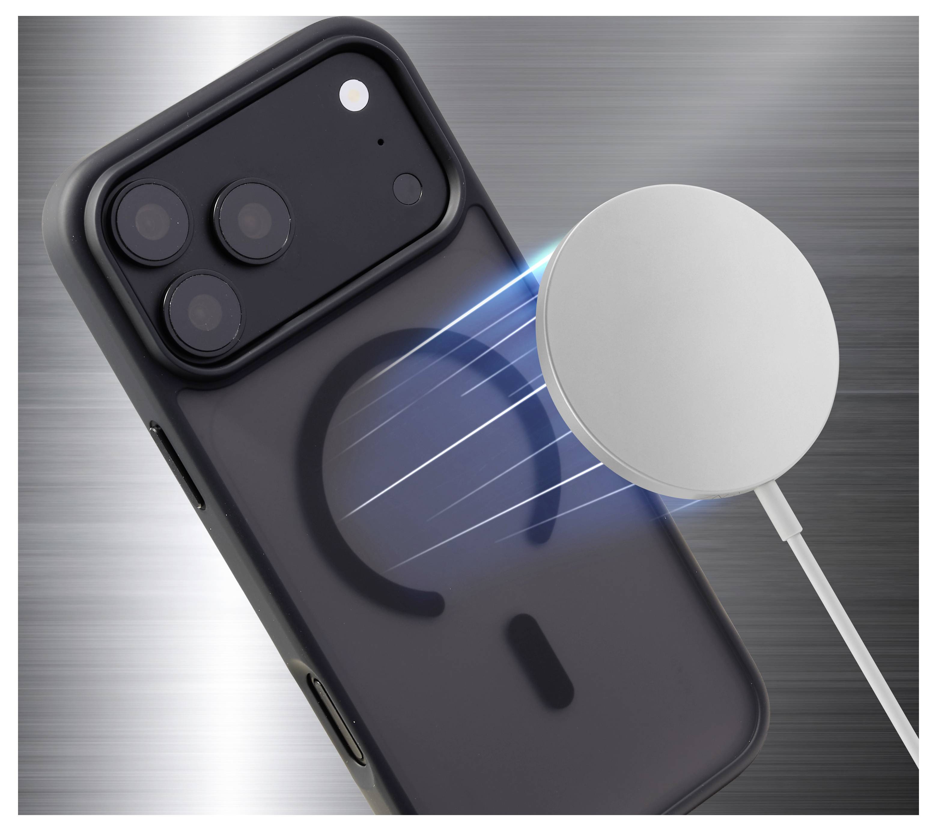 Un téléphone intelligent se rechargeant sans fil sur un socle de recharge circulaire, présenté avec des lignes d'énergie bleues indiquant le transfert de puissance sans fil.