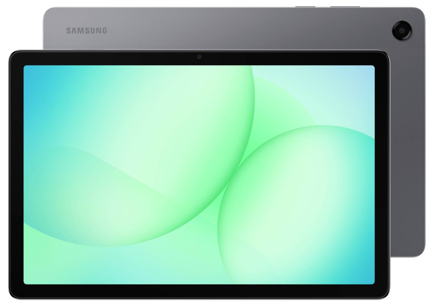 Vue de face d'une tablette Samsung avec un écran abstrait de couleur bleu-vert, présentée contre l'arrière du dispositif en gris.