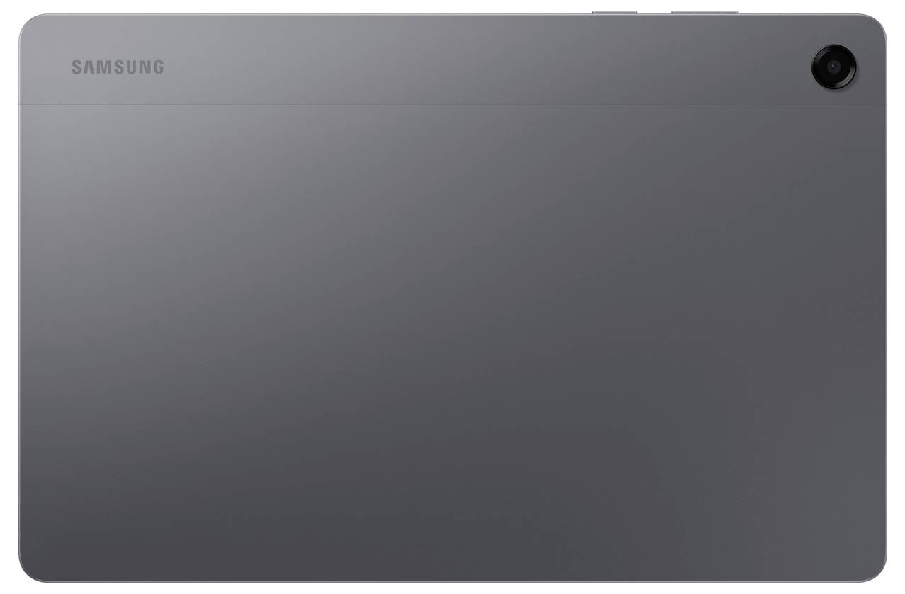 Arrière d'une tablette Samsung grise avec une seule caméra arrière dans le coin supérieur droit.