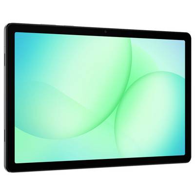 Tablette noire affichée à un angle avec un fond d'écran abstrait turquoise à l'écran.