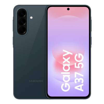 Smartphone Samsung Galaxy A37 5G présenté de face et de dos, avec trois caméras arrière et un écran dégradé rose-violet affichant « Galaxy A37 5G ».