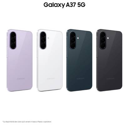 Smartphone Galaxy A37 5G présenté en quatre couleurs : lavande, blanc, vert foncé et noir, avec triple appareil photo arrière.
