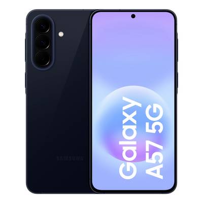 Smartphone Samsung Galaxy A57 5G présenté de face et de dos, avec un ensemble de caméras arrière noir et « Galaxy A57 5G » affiché sur l'écran.