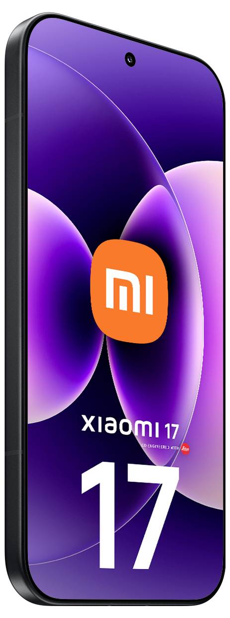 Vue de face d'un smartphone Xiaomi 17 avec un fond d'écran abstrait violet, un logo « mi » orange et le texte « 17 » sur l'écran.