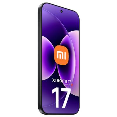 Vue de face d'un smartphone Xiaomi 17 avec un fond d'écran abstrait violet, un logo « mi » orange et le texte « 17 » sur l'écran.