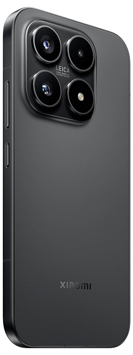 Vue arrière d'un smartphone Xiaomi gris foncé montrant un module de caméra quadruple de marque Leica en carré dans le coin supérieur gauche.