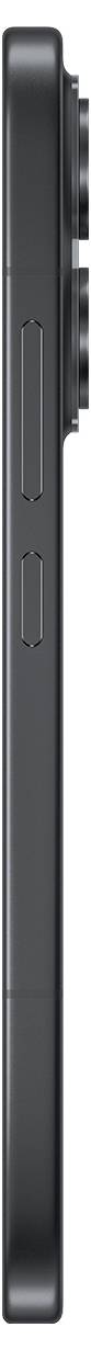 Vue latérale d'un smartphone noir, montrant le bord fin avec les boutons de volume et un commutateur latéral.