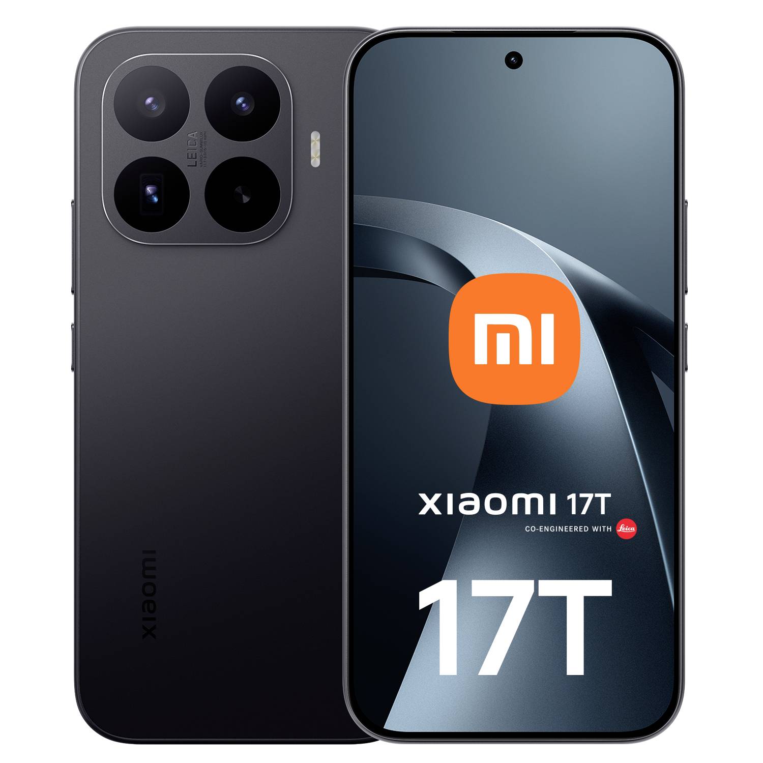 Avant et arrière d'un smartphone Xiaomi 17T, montrant un grand module de caméra arrière et l'écran avec le logo Xiaomi et l'image de marque « 17T ».