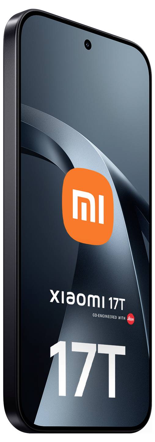 Smartphone Xiaomi 17T présenté en vue de face avec un écran sombre, un logo « mi » orange, et le grand nom de modèle « 17T » affiché sur l'écran.