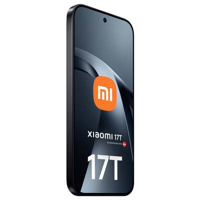 Smartphone Xiaomi 17T présenté en vue de face avec un écran sombre, un logo « mi » orange, et le grand nom de modèle « 17T » affiché sur l'écran.