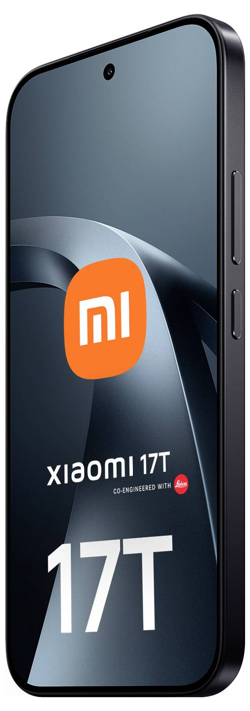 Vue de face d'un smartphone Xiaomi 17T montrant l'écran avec le logo « mi » orange et le texte « xiaomi 17T » et « 17T ».