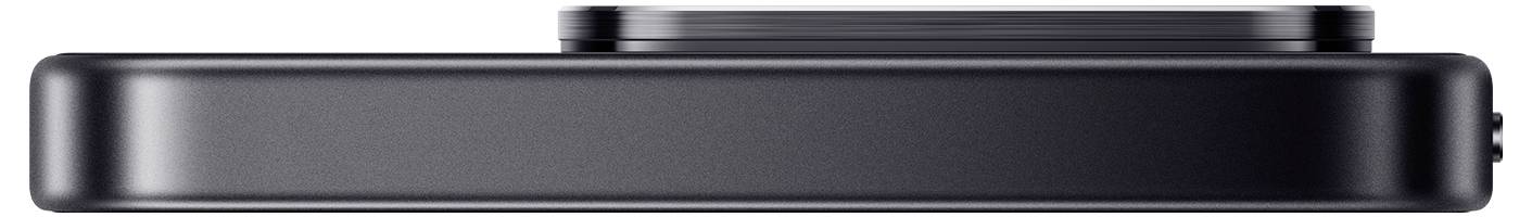 Vue latérale d'un élégant dispositif rectangulaire noir avec des coins arrondis et un composant circulaire surélevé sur le dessus.