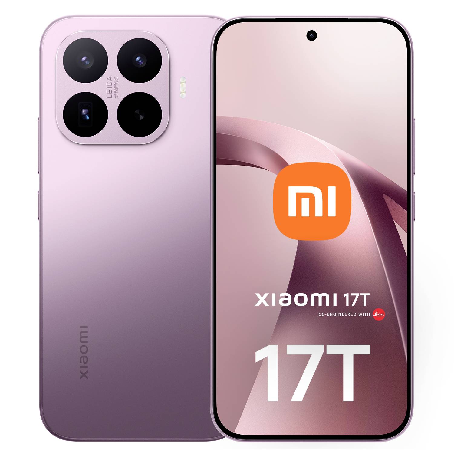 Vue de face et de dos d'un smartphone Xiaomi 17T rose, montrant le module de caméra quadruple et l'écran avec le logo Mi et le texte « Xiaomi 17T ».
